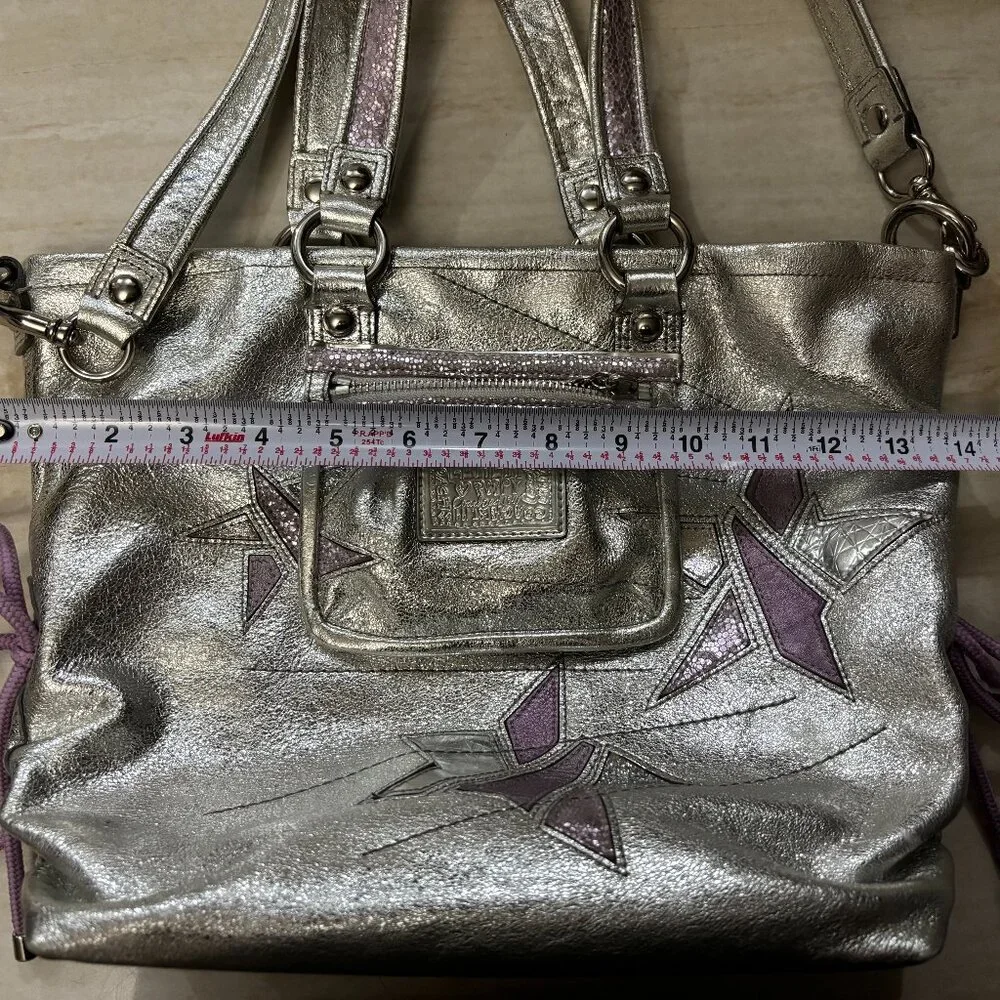 Coach Poppy Metallic Silver Leather Star Appliqué Tote Bag Purple Y2K - Picture 8 of 10